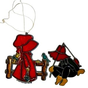 Lot of 2 Lovely Vintage Stained Glass Holly Hobbie Suncatcher Window Ornaments